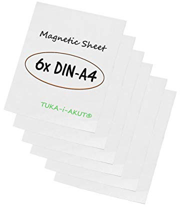 TUKA-i-AKUT 6x A4 Magnetfolie zum Beschriften und Zuschneiden, Flexibel Magnet Tafelfolie Magnetplättchen Gummimagnet, Werbelehrmagnet Magnetische Etikett Plakat, 6er Set Weiß, TKD9040-white-A4-6x