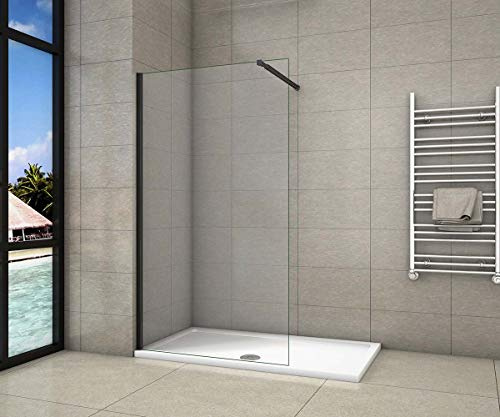 AICA Parete Doccia 100x200cm Walk-In Vetro 8mm easy clean Barra 73-120cm | Telaio Nero Opaco, Vetro Temperato, regolabile