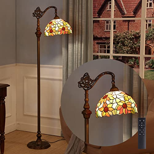 WRMING 12 Zoll Tiffany Stil Stehlampe, Wohnzimmer Standleuchte mit Fernbedienung Dimmbar, Retro Wohnzimmerlampe für Esszimmer Schlafzimmer Café, Bunte Glas Nachttischlampe, Fußschalter, E27