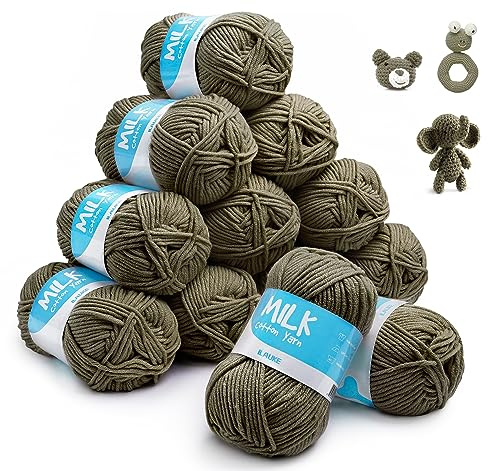 Baby stickgarn 12 x 50 g/boll, 100 % akryl snabbstickat, noppfri för nybörjare och barn, mjuk och lättskött babyull för stickning och virkning (Verde Militär)
