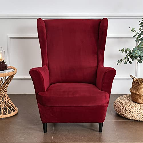 MIFXIN Wing Chair Slipcover 2 Piece Set Velvet Stretch Wingback Chair Cover with Cushion Cover Soft Washable Armchair Furniture Protector for Living Room Bedroom (Red)