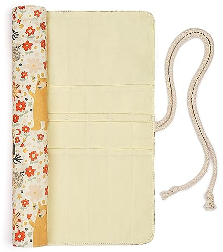 Coopay Stricknadeln Rolle Tasche, Stricknadel Wickel mit 20 Slots für Gerade Stricknadeln & Tunesische Häkelnadel Aufbewahrung, Stricknadeln Leinwand Taschen & Leer Organizer, Gelbwaldtier