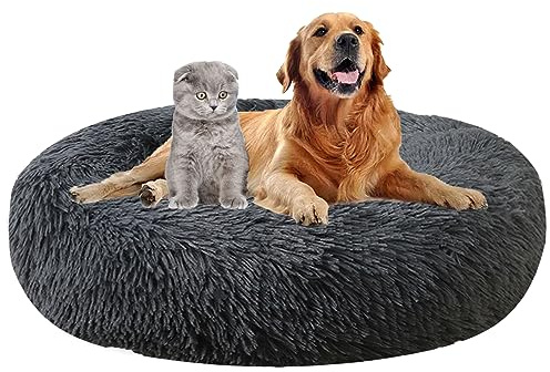 MAIFENGL Hundebett Flauschig, Plüsch Rundes Weiches Hundekissen Waschbar rutschfest Haustierbett für Katzen und Hunde- Dark Gray||Ø40cm/16in