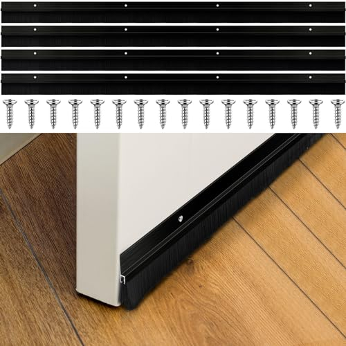 Frienda 4 Set Door Brush Bottom Sweep Brush Weather Stripping Aluminum Door Seal with Screws for Gaps up to 1 Inch, for Home, Commercial Gate, Fill Gaps Dust, Debris (1 x 36 Inch,Black)