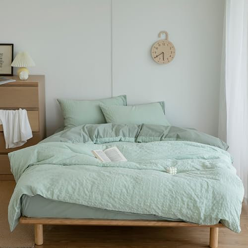 Joanna&Seasons Doble Juego de Funda nórdica Verde, Seersucker Ropa de Cama de algodón Suave,para Cama de 105,con 1 Funda nórdica 200x200 cm y 2 Fundas de Almohada 48x74 cm,Cremallera.