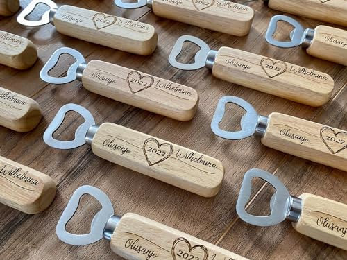 Lote de 30 Abridores de Madera PERSONALIZADOS a Láser con Texto, Logo - Abrebotellas para Detalles, regalos y recuerdos de Bodas, Comuniones, Bautizos, Cumpleaños