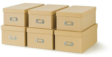 Soul & Lane Kraft Storage Boxes - Set of 6 (3 Large, 3 Medium), Keepsake Memory Storage Boxes with Lids, Cardboard Organizers with Label Holders for Photos, Crafts, Decoupage & Collectibles