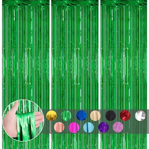 3P Green Metallic Tinsel Curtains, 1*2m Glitter Fringe Wall Tinsel, Shimmer Curtains Tassel Backdrop for Luau Hawaiian Safari Jungle Christmas Party Decorations