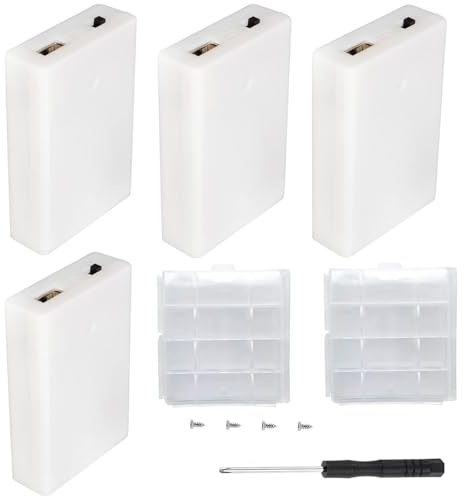 VISSQH 4 Pièces AA Support de Batterie,4 x 1.5V Support de Batterie 6V Battery Holder Box Case,AA Boîte à Piles en Plastique avec Intégré Prise Femelle USB Couvercle et Interrupteur on/Off(Blanc)