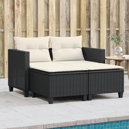 IKAYAA Gartensofa mit Hocker Rattan Sofa 2 Sitzer Balkon Lounge Sofa Outdoor Kleines Balkon Sofa Balkonmöbel Rattansofa Bank Sitzbank Gartenbank Balkon Möbel Gartensessel mit Gartenhocker