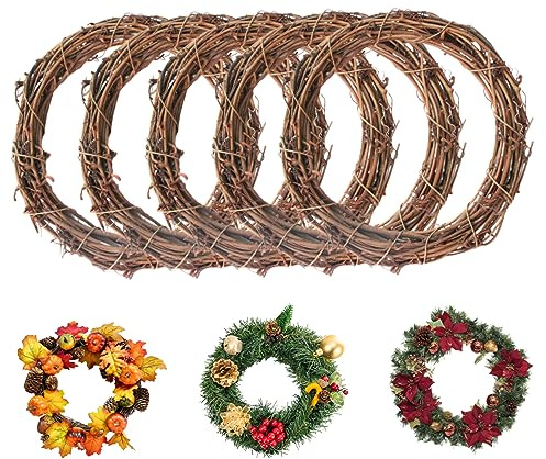 5 Stück Zweigkranz natürlicher Weinrebenkranz 25 cm Rattankranz getrockneter runder Kranzring für DIY Weihnachtsbasteln Wandbehang an der Haustür Hochzeitsdekoration