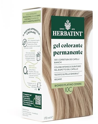Herbatint Permanente Haarfarbe Gel 10C Platinblond Asche - 170 ml | Ammoniakfrei, 100% Abdeckung für weißes Haar | für empfindliche Haut, mit 8 natürlichen Bio-Extrakten