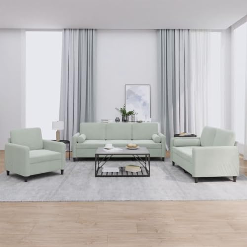 Brokky 3-TLG. Sofagarnitur mit Kissen - Hellgrau Samt - 198 x 77 x 80 cm - 3-Sitzer-Sofa, 2-Sitzer-Sofa, Sessel