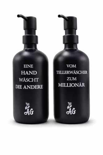 AG Seifenspender und Spülmittelspender - 2er Set - Glasflaschen mit Edelstahlpumpen und praktischem Silikon-Trichter. Modernes Design für Küche und Badezimmer. (schwarz)