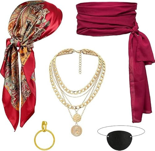 boocooberg Piratenkostüm Herren Damen,Piraten Kostüm Damen,Piraten Accessoires Set,Halskette Pirat Stirnband Taillengürtel Piratenkapitän Schärpe Pirat Kopftuch Bandanas Karneval Party Zubehör