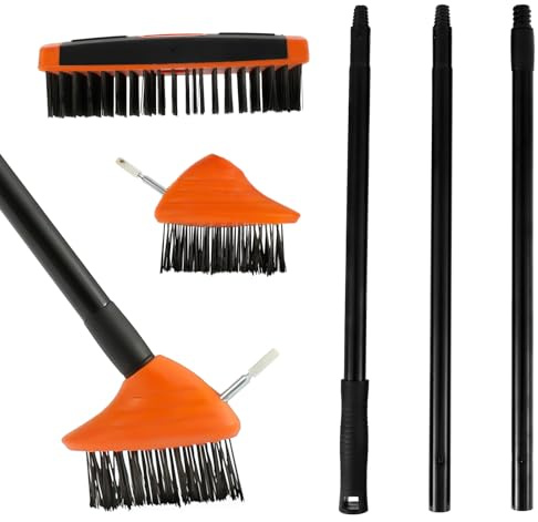 Balai Métallique Robuste avec Manche Télescopique(133cm) et 2 Tête de Brosse, Brosse à Poils Métalliques Rigides pour Mauvaises Herbes, Mousse et Taches Tenaces, Balai à Récurer pour Patio, Terrasse