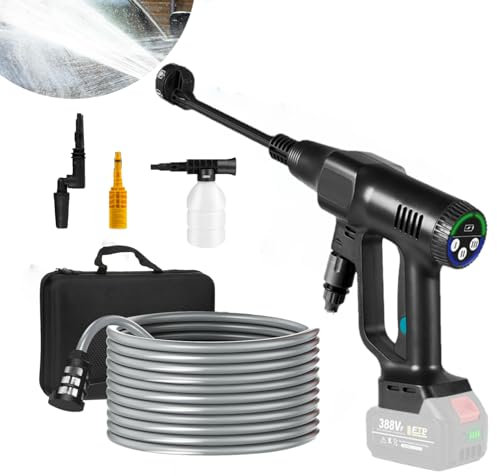 Akku Hochdruckreiniger mit 2 Akku, 300W Mobile Hochdruck Wasserpistole Bürstenlosen Kompatibel mit Makita 18V Akku, Tragbar Druckreinigerpistole mit 6-in-1 Sprühdüse, 3 Reinigungsstufen, 5 m Schlauch