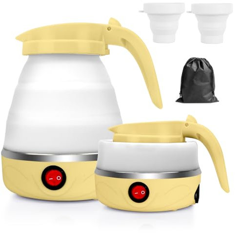 RANJIMA Bouilloire Pliable 0,6 L Mini Bouilloire Électrique en Silicone, Bouilloire Portable de Camping Kettle Mini Bouilloire de Voyage avec 2 Gobelets Pliables pour Camping Voyage L'extérieur(Jaune)
