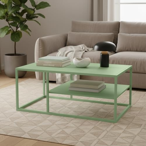 skølm Skadi Couchtisch 45x100x60 cm, Mintgrün, 2 Ablagen, Wohnzimmertisch | Beistelltisch mit Ablagefläche, Sofatisch höhenverstellbar, Mitteltisch, eckiger Kaffeetisch mit Stauraum für Wohnzimmer