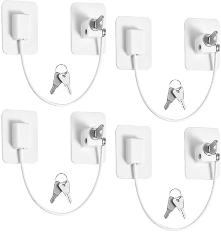 4 Pack Fridge Lock, Adhesive Refrigerator Lock No Drilling Window Locks | Child Safety Cupboard Locks with 8 Keys for Doors Drawer Fridge Washing Machines Window(White)