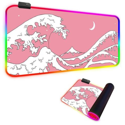 FANSU XXL Tapis de Souris Gaming RGB LED 14 Effets Éclairage Antidérapante Grand sous Main Bureau pour Clavier et Souris, USB- Mouse Pad pour PC Gamer, 3D Style Japonais (Rose,900x400x4mm)