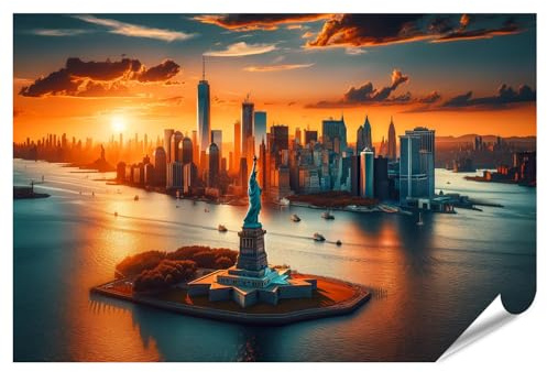 islandburner XXL Bild Poster Freiheitsstatue Sonnenuntergang New York Skyline Premium Bilder Fotodruck