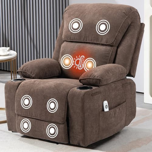 BRTHORY Relaxsessel mit Massagefunktion Fernsehsessel Liegefunktion Vibration Heizung, Dicke Rückenlehne und Armlehnen, Massagesessel mit Wippfunktion, 360°drehbar, Braun
