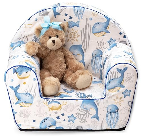 PinkZebra BEZUG für Kindersessel aus Schaumstoff, Sesselbezug, Bezug für Sessel, Past für Kindersessel in Größe: 51 x 34 x 42 cm, Sitzfläche: 26 x 26 cm, Öko-tex Standard 100 (Meerestiere Blau)