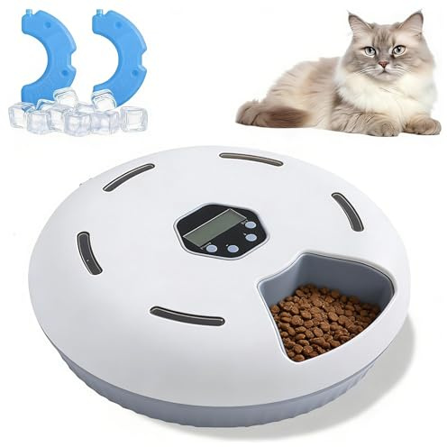 YUZINO Automatic Cat Feeder with 2 Ice Boxes, Cat Feeder Automatic with Timer and Smart Display, 6 Compartments Cat Food Dispenser Pet Feeder for Wet and Dry Food Freshness (Battery Not Included）