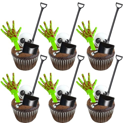 Gyufise 24 Set Halloween Zombie Hands Decorations Green Skeleton Hands Cake Toppers Halloween Shovel Spoons Horror Spooky Desserts for Zombie Birthday Party Decoration