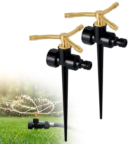 ANOMM gräsmatta i metall, 3-armad vattensprinkler, 360 graders automatisk roterande trädgårdssprutsystem med spikbas, vattning i stort gårdsområde för växt, blomsterbädd och uteplats (2-st)