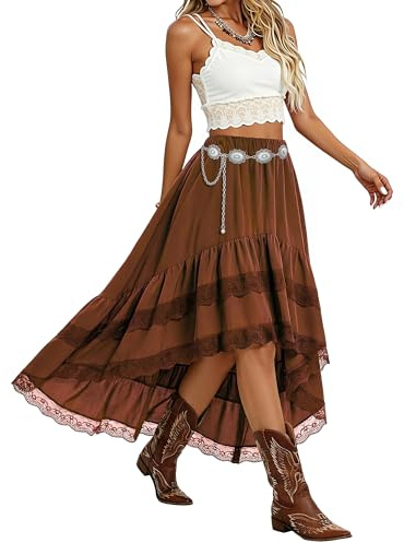 XZQTIVE Boho Festival Skirts for Women UK - Western Cowgirl Denim Midi Skirt with Lace Trim, High Waisted Asymmetrical Tiered Long Skirt, Gypsy Outfit for Concert & Music Festival