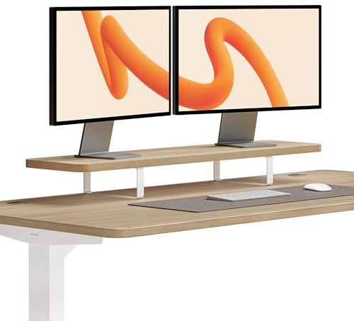 Desktronic Monitorstaender – Ergonomische Monitorerhoehung, 114 x 28 x 12,8 cm, 30 kg, 1-2 Monitore, Tischplatte Eiche, Beine Weiss, Stabile Stahlbeine, Gefertigt in Europa