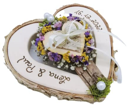 Ringkissen Herz Holzherz mittig Mille Fleurs Mix für Eheringe mit Namen Hochzeit