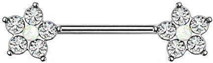 beyoutifulthings Brustwarzen-Piercing Glitzer-Opal Blume 5 Zirkonia Brust-Piercing Nippel-Piercing Chirurgenstahl Silber Weiß Clear Stab 1,6/14mm