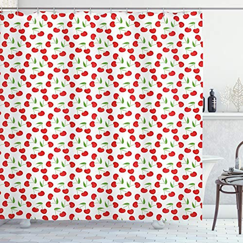 ABAKUHAUS Kirsche Duschvorhang, Sommer Romantische Frucht-Kunst, Stoffliches Gewebe Badezimmerdekorationsset mit Haken, 175 x 240 cm, Zinnoberrot Dunkle Koralle