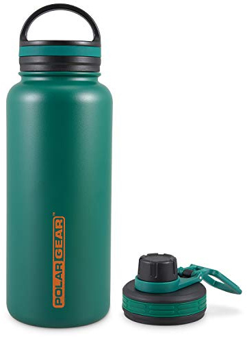 Polar Gear 1 Litre Water Bottle With 2 Lids - Vacuum Insulated, Double Wall, Leakproof Stainless Steel - 12H Hot, 24H Cold for Sports, Gym, Work - Green