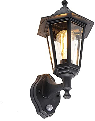 Qazqa classic-antique außen Wandleuchte, Außenlampe mit Bewegungssensor, Wandlampe für den Garten - New Haven - Schwarz, max. 15W, Geeignet für LED, 17.1cm, IP44, Rund