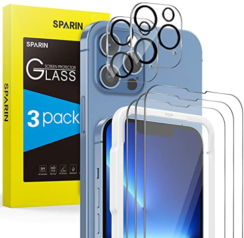 SPARIN 3+2 Stück Schutzfolie für iPhone 13 Pro 6,1 zoll, 3 Stück Displayschutzfolie und 2 Stück kameraschutz mit Einfache Montage Rahmen, Blasenfrei Folie