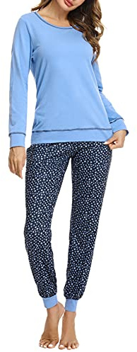Litherday Women's Pyjamas Set Soft Long Sleeve Cotton Sleepwear Ladies Pjs Loungewear Sets Tops and Plaid Pants Nightwear with Pockets（Star-Blue，S）