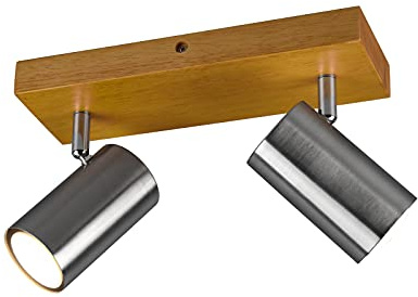 meineWunschleuchte Decken-Strahler Holz & Silber mattes Metall 2-flammig | Breite 26cm, mit GU10 LED, extern dimmbar, schwenkbare Spots, Deckenleuchte für Wohnzimmer & Schlafzimmer
