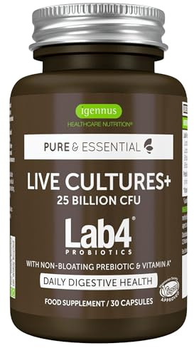 Igennus Probiotics & Prebiotic 2 in 1, Lactobacillus Acidophilus & Bifidobacterium, Gut Health Support, Live Cultures+ Lab4, Guaranteed 25 Billion CFU, Women & Men, Non-Bloating, Non-GMO, 30 Capsules