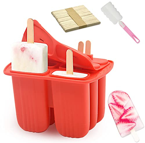 Bongpuda 6 Pieces Silicone Popsicle Molds,Easy-Release Bpa-Free,Ice Pop Mold Ice Cream Molds For Kids,With 50 Pcs Popsicle Sticks+Cleaning Brush(Red)