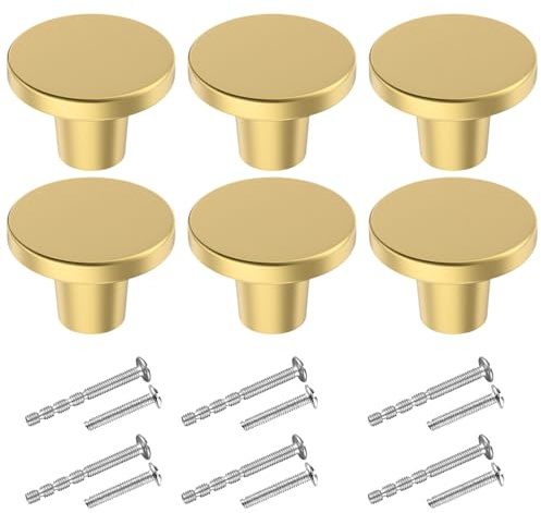 BIGLUFU 6 Stück Messing schubladenknöpfe, Goldene Runde Schrankknöpfe,Tür Küchenbeschläge Schrankknöpfe mit Schrauben für Schrank, Kleiderschrank, 20 x 25 mm