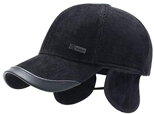 LAIFEKE Winter Herren Cord Baseballmütze Mit Ohrenklappen Warmes Fleece Futter Ohrenklappen Vati Mütze (Schwarz)