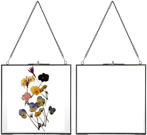 JUXYES Set of 2 Brass Wall Hanging Frame, Glass Floating Frame for Display Pressed Flowers Artwork, Double Glass Floating Style Square Gallery Wall Art