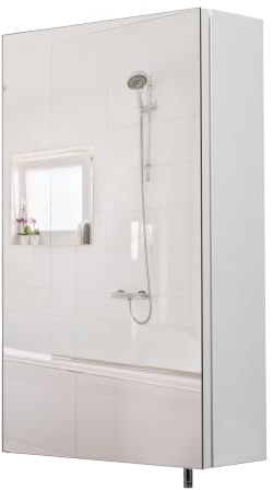 Croydex Cullen 52 x 30cm White Bathroom Mirror Cabinet No Assembly Required | Flexi-Fix™ easy fit bracket | White Steel Carcass | 1 Adjustable Shelf | Mirrored Door with Pin Handle