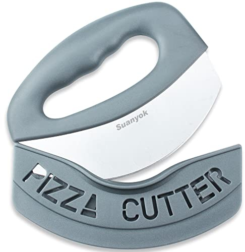 Suanyok Premium Pizza Cutter Food Chopper-Super Sharp Blade Stainless Steel Pizza Cutter Rocker Slicer with Protective Sheath Multi Function Pizza Knife Kitchen Tools,Dishwasher Safe (Gray)