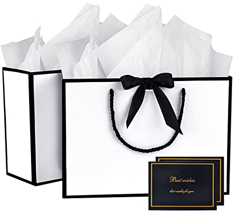 BBLIKE Geschenktüten 2 Stück Papiertüten mit Schleifenbändern + 2 Grußkarten + 4 Taschentüchern, Geschenktaschen mit Henkel Partytüten Bodenbeutel Kreuzbodenbeutel für Geburtstag Hochzeit Feier Party