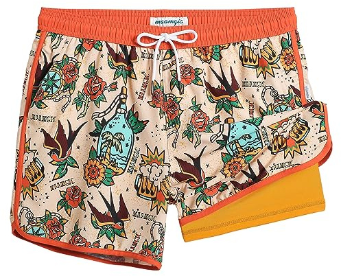 maamgic Mens Short 80s 90s Vintage 5.5 Swim Trunks Swimsuits Board Shorts Compression Liner Quick Dry 2 in 1 Bathing Suits Carnation Bird Orange X-Large